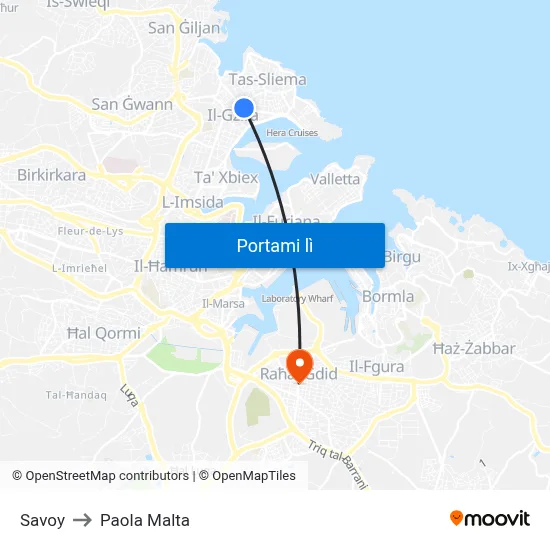 Savoy to Paola Malta map