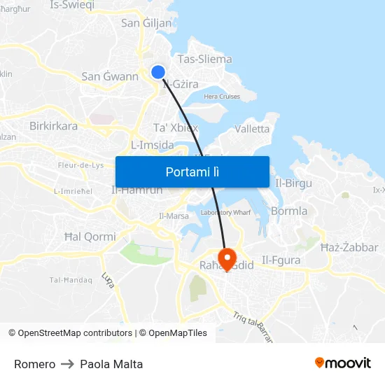 Romero to Paola Malta map