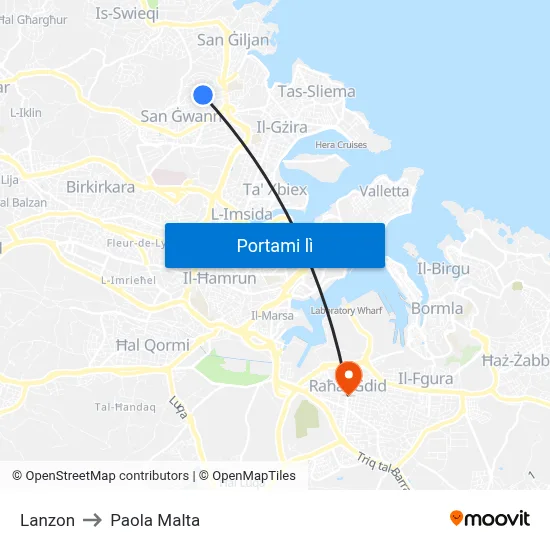 Lanzon to Paola Malta map