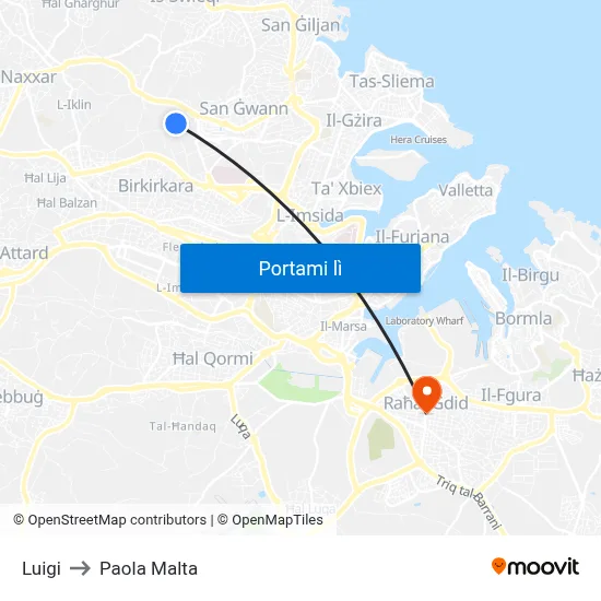 Luigi to Paola Malta map