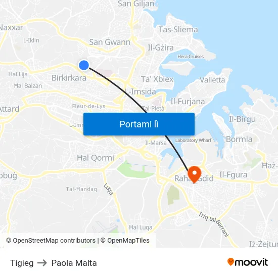 Tigieg to Paola Malta map