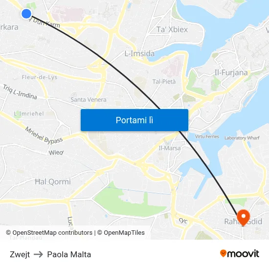 Zwejt to Paola Malta map