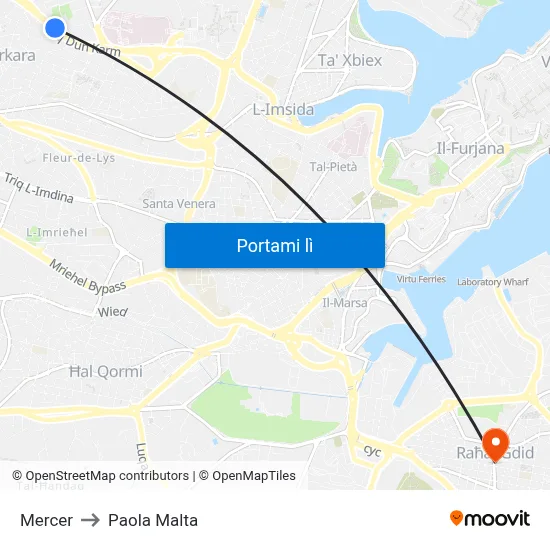 Mercer to Paola Malta map