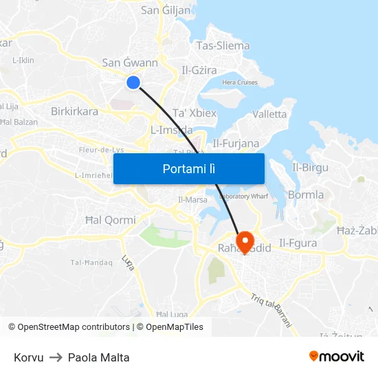 Korvu to Paola Malta map