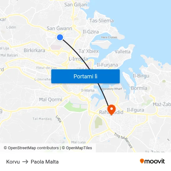 Korvu to Paola Malta map