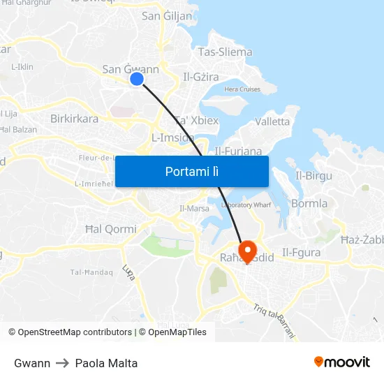 Gwann to Paola Malta map