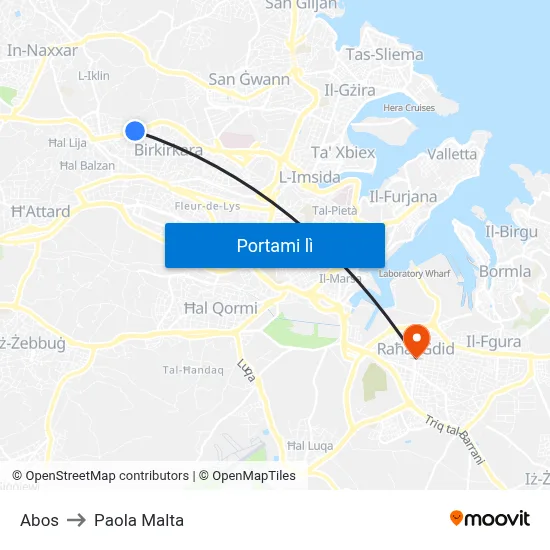 Abos to Paola Malta map