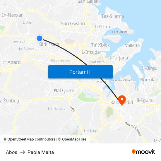 Abos to Paola Malta map