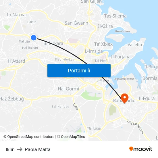 Iklin to Paola Malta map