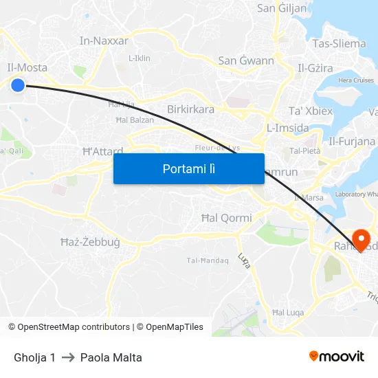 Gholja 1 to Paola Malta map