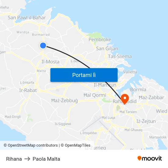 Rihana to Paola Malta map