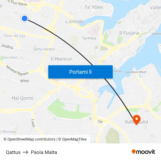 Qattus to Paola Malta map