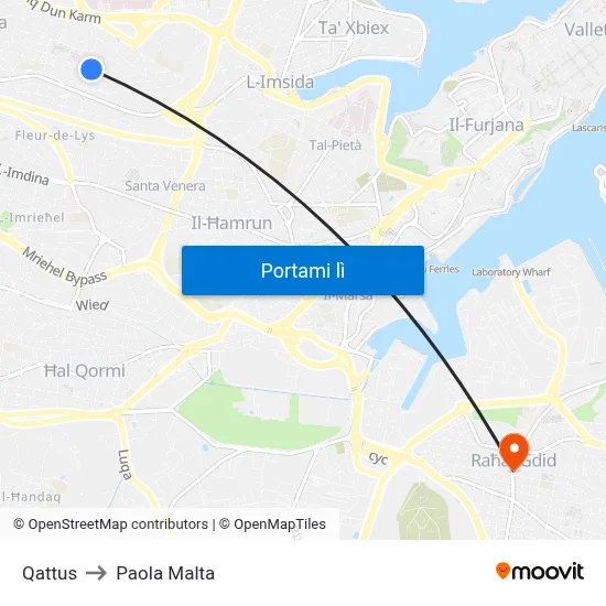 Qattus to Paola Malta map