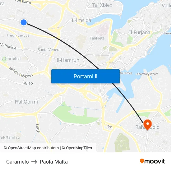 Caramelo to Paola Malta map