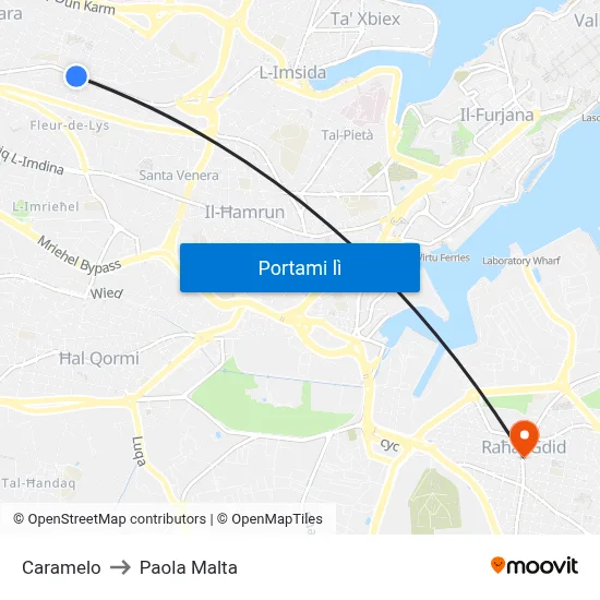 Caramelo to Paola Malta map