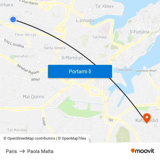 Paris to Paola Malta map