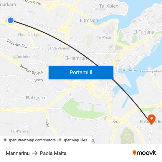 Mannarinu to Paola Malta map