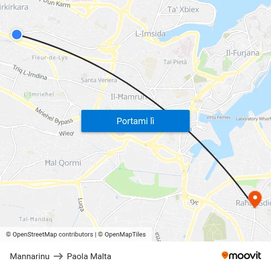 Mannarinu to Paola Malta map