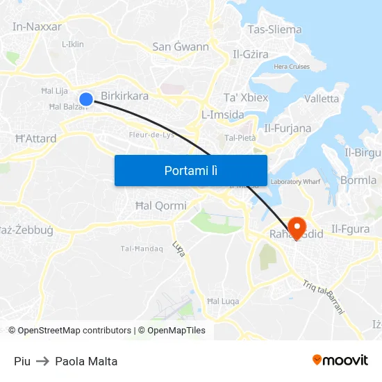 Piu to Paola Malta map