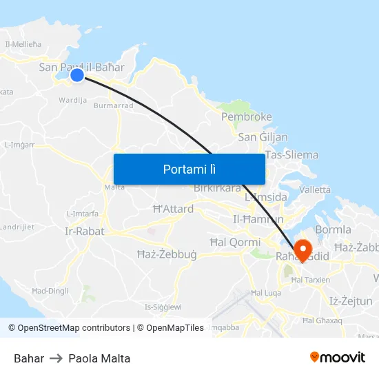 Bahar to Paola Malta map