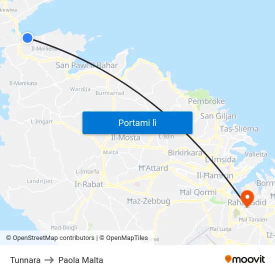 Tunnara to Paola Malta map