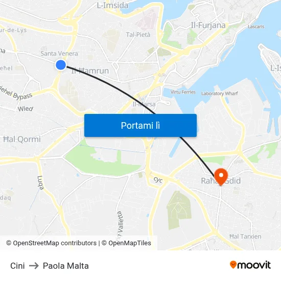 Cini to Paola Malta map