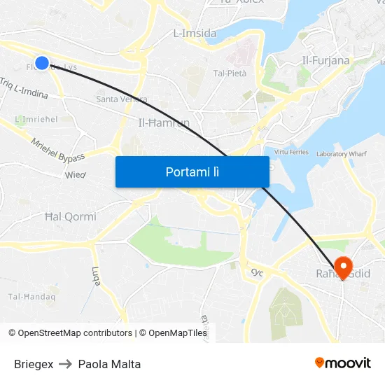 Briegex to Paola Malta map