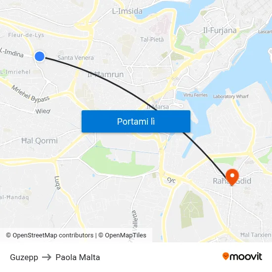 Guzepp to Paola Malta map