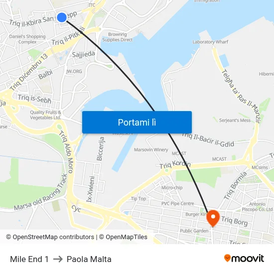 Mile End 1 to Paola Malta map