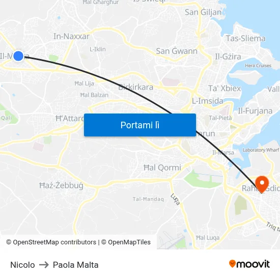 Nicolo to Paola Malta map