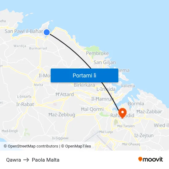 Qawra to Paola Malta map