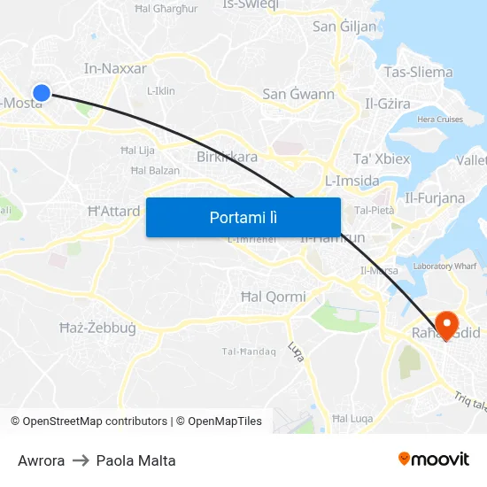Awrora to Paola Malta map