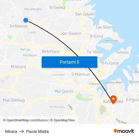 Mnara to Paola Malta map