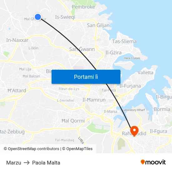 Marzu to Paola Malta map