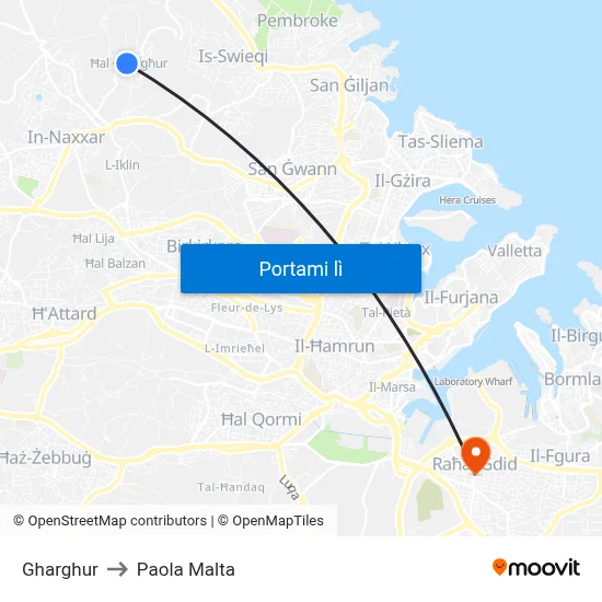 Gharghur to Paola Malta map