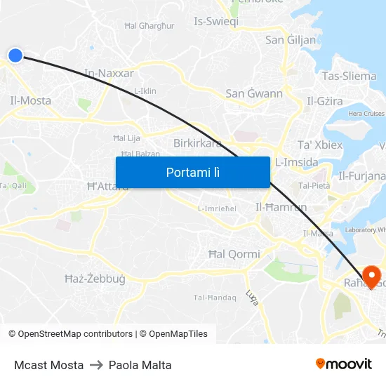 Mcast Mosta to Paola Malta map