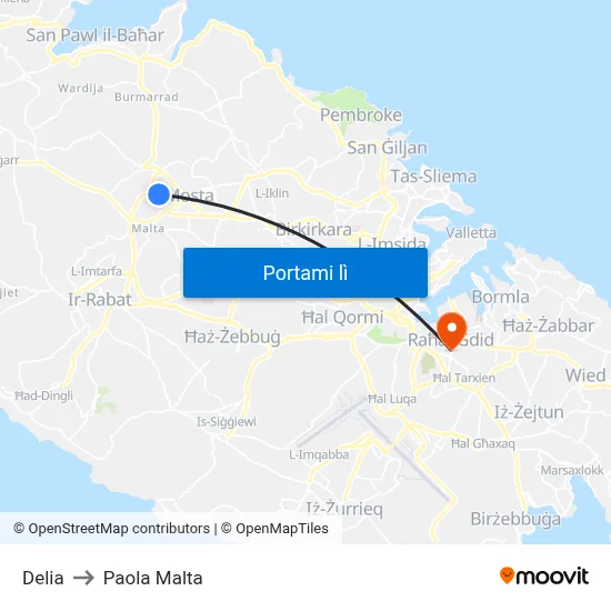 Delia to Paola Malta map
