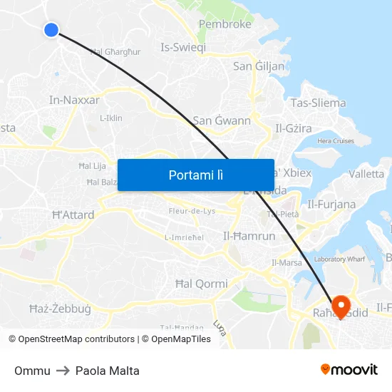 Ommu to Paola Malta map