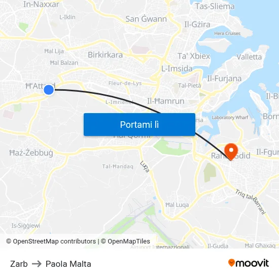 Zarb to Paola Malta map