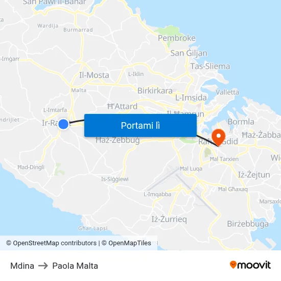 Mdina to Paola Malta map