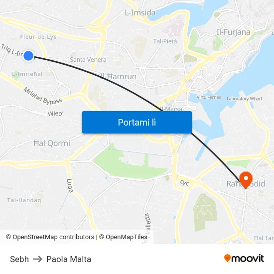 Sebh to Paola Malta map