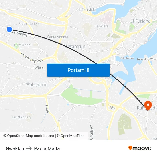 Gwakkin to Paola Malta map