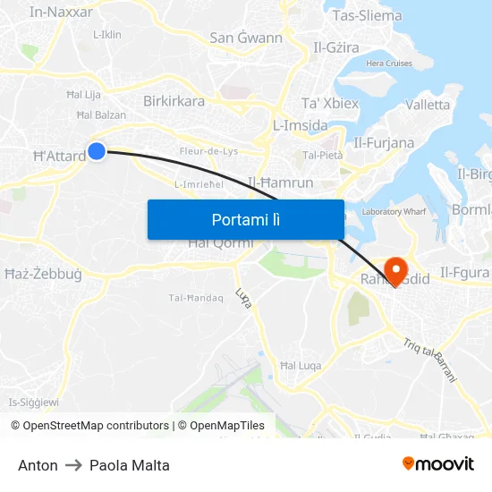 Anton to Paola Malta map