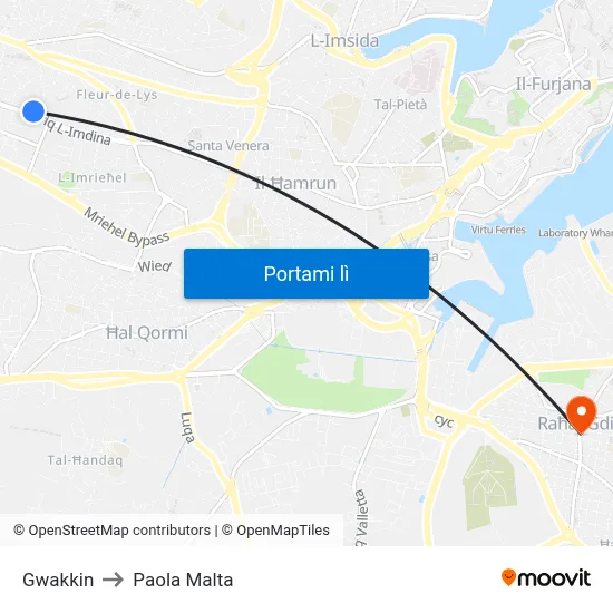 Gwakkin to Paola Malta map