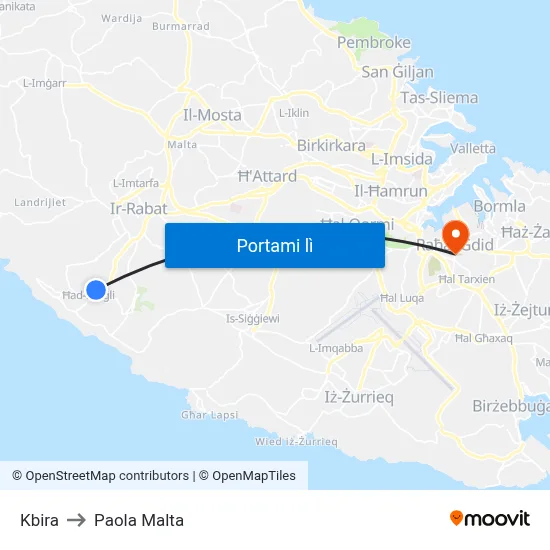 Kbira to Paola Malta map