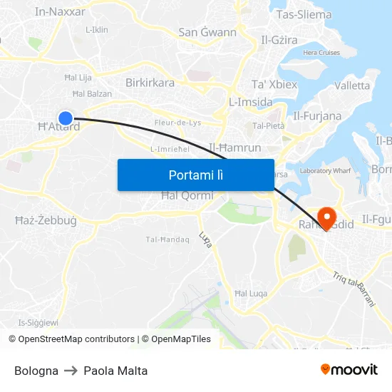 Bologna to Paola Malta map