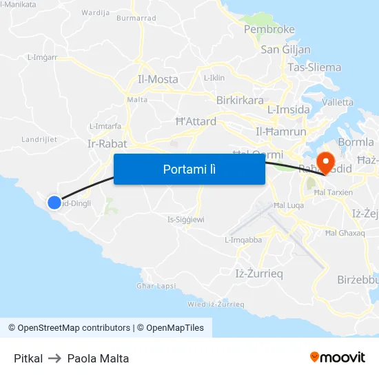 Pitkal to Paola Malta map