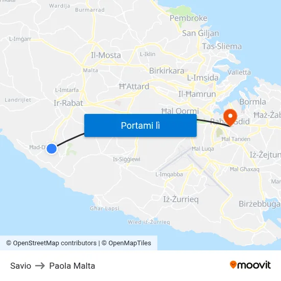 Savio to Paola Malta map