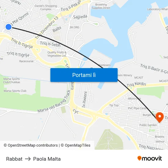 Rabbat to Paola Malta map