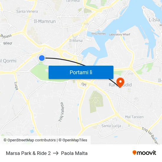 Marsa Park & Ride 2 to Paola Malta map